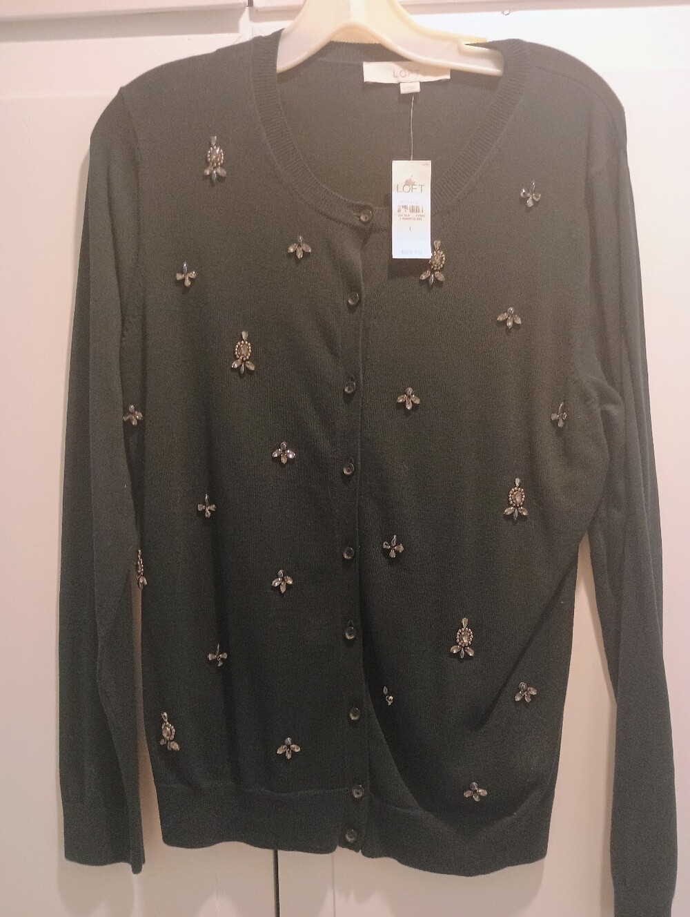 LOFT Black Jeweled Crewneck Cardigan NWT